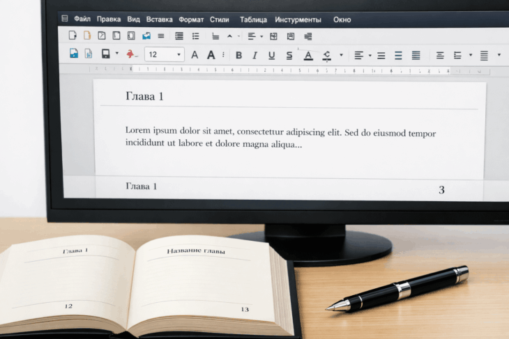 Верхние и нижние колонтитулы в LibreOffice Writer рядом с книгой для сравнения классического и цифрового оформления.