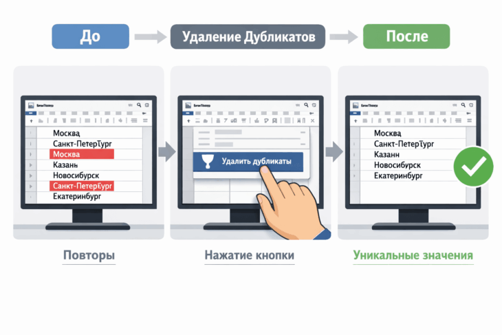Процесс удаления дубликатов в Libre Office: от выделенных повторов к чистому списку.