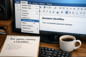 Интерфейс LibreOffice Writer с выделенной опцией "Удалить страницу".