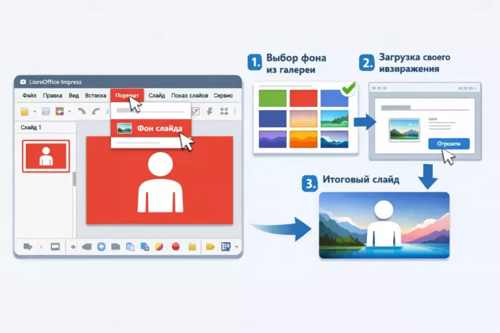 Изменение фона слайда в LibreOffice Impress: выбор из галереи или загрузка своего изображения.