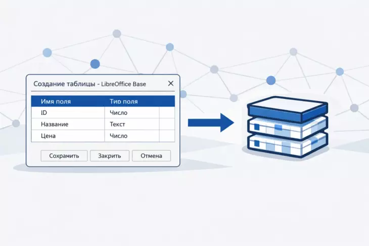 Создание таблицы в LibreOffice Base с иконкой структуры базы данных
