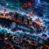 Контейнеровоз Kubernetes в шторме: смещённые контейнеры, молнии, логи дрейфа и голографическая панель с падающим графиком.