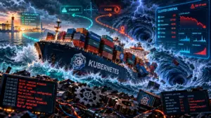 Контейнеровоз Kubernetes в шторме: смещённые контейнеры, молнии, логи дрейфа и голографическая панель с падающим графиком.
