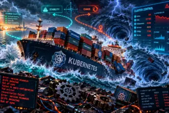 Контейнеровоз Kubernetes в шторме: смещённые контейнеры, молнии, логи дрейфа и голографическая панель с падающим графиком.