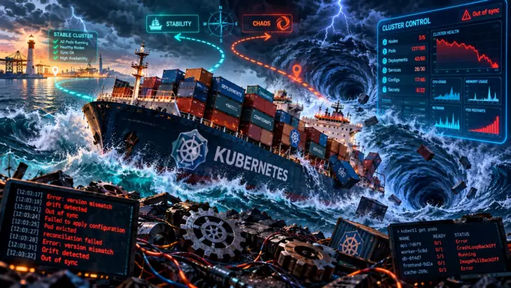 Контейнеровоз Kubernetes в шторме: смещённые контейнеры, молнии, логи дрейфа и голографическая панель с падающим графиком.